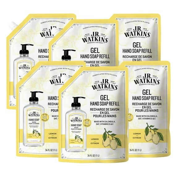 J.R. Watkins Gel Hand Soap Refill Pouch, Scented Liquid Hand Wash For Bathroom Or Kitchen, Usa Made And Cruelty Free, 34 Fl Oz, Lemon, 6 Pack.