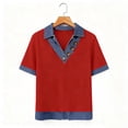 thumbnail image 5 of Denim Shirt Women Short Sleeve Denim Top, Collared V Neck Buttons Decor Dressy Casual Blouses Red M, 5 of 5