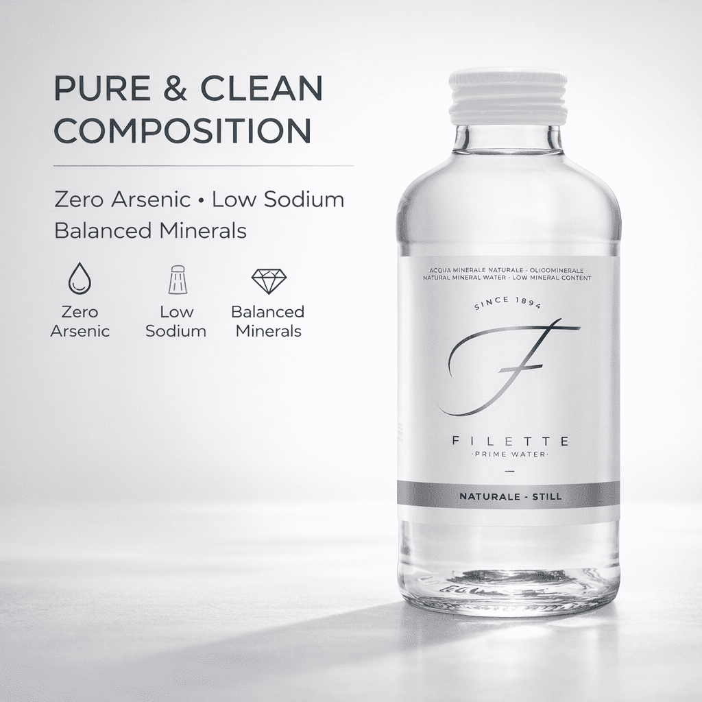 Filette Prime Natural Mineral Water, 16 fl oz (470 ml), Italian Still Water, Glass Bottles, Bottled at Source, pack of 6
