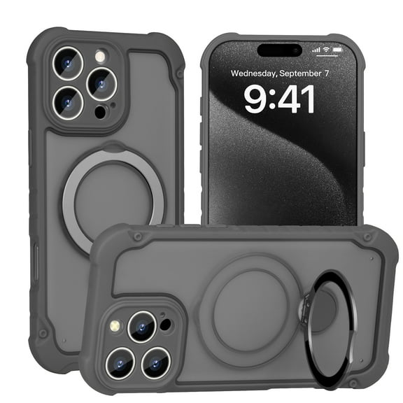 for iPhone 12 Case, Compatible with MagSafe with 360° Rotatable Magnetic Stand Ring Holder, Translucent Matte Back TPU Bumper Magnetic Phone Case Cover for iPhone 12, Gray