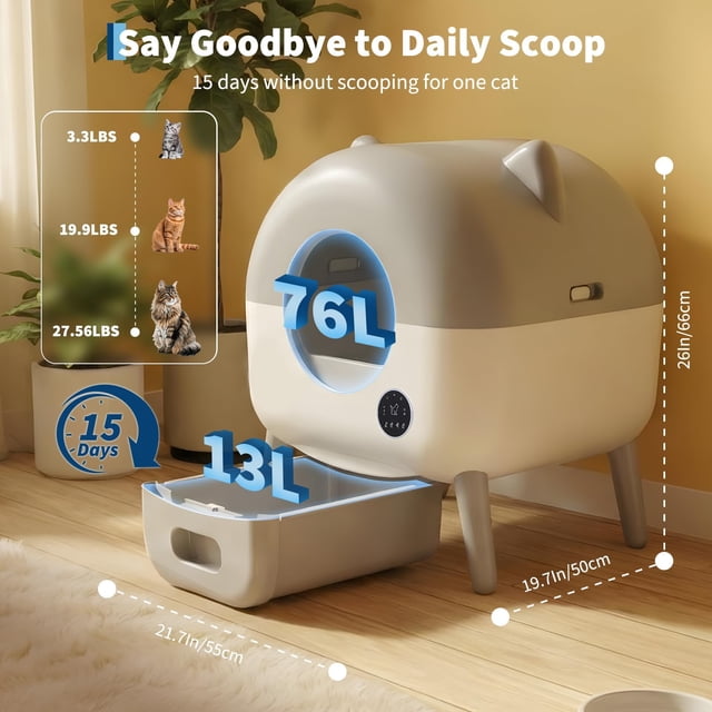 Kojooin Self-Cleaning Automatic Cat Litter Box with APP Control, Extra Large Smart Litter Box with Safety Sensors and Removable Tray