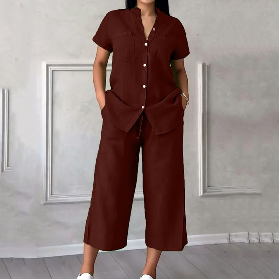 Uootdi Two Piece Sets for Women Summer Notched Neck Roll Cuff Sleeve Blouse High Waist Capri Pants Trendy Daily Outfits