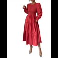 thumbnail image 2 of Vestidos de Invitada de Boda de Otoño para Mujer, con Mangas Largas Abullonadas, Fruncido, Cuello Redondo, Informal, Escalonado, Corte A, Vestido Fluido Rojo M, 2 of 7