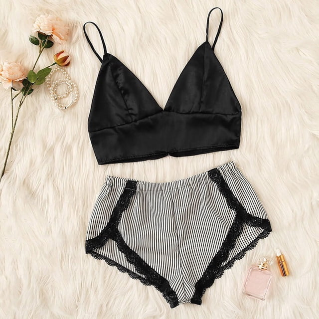 Conjunto de Pijama de dos piezas para mujer, Top de camisola, pantalones cortos de encaje, ropa de dormir, ropa interior, bragas, trajes, lencería