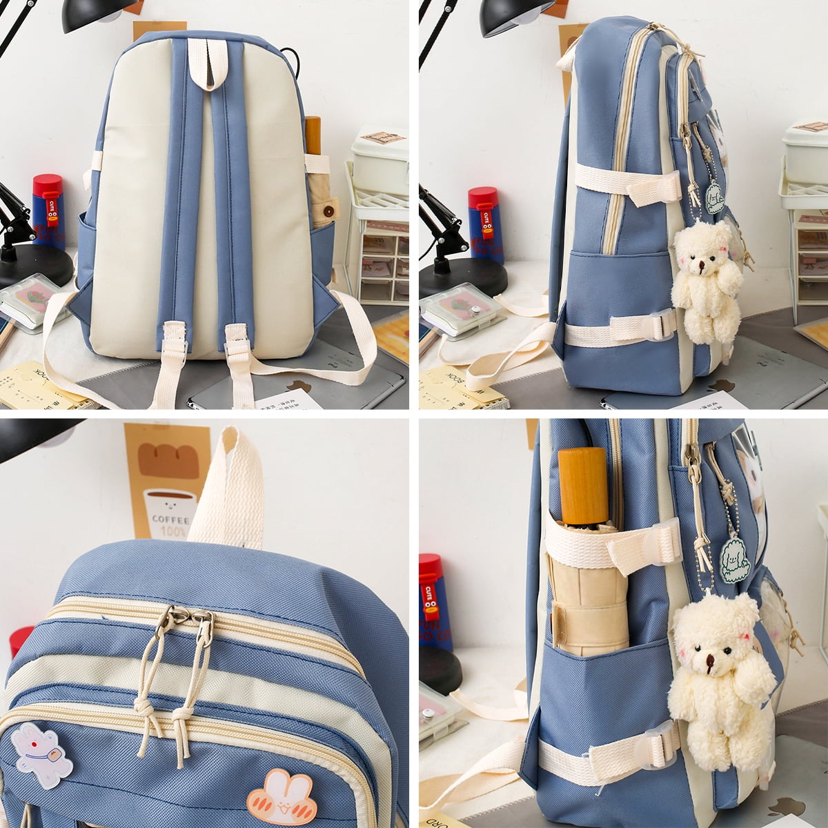 Sanmadrola 5PCS School Backpacks Cute Plush Bear Backpack Set with Pendants and Pins Accessories Kawaii Laptop Bag School Bags, Black