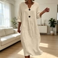 thumbnail image 4 of Hzzrkos Women Casual Vintage Loose Solid Color Three‑Quarter Sleeve V‑Neck Button‑Up Maxi Dress for Daily Vacation Beach Outdoor Occasions, 4 of 6