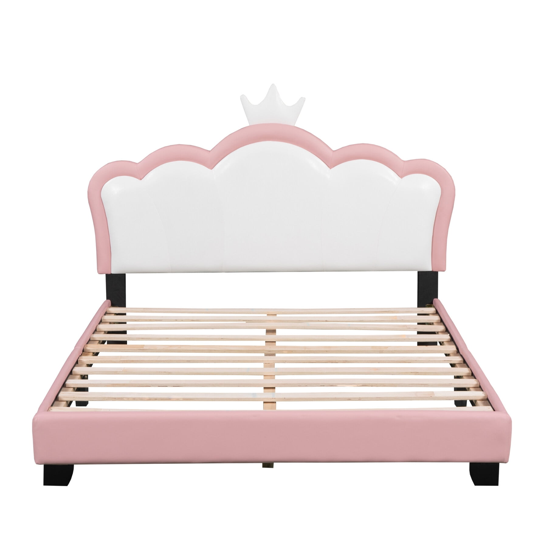 Full Size Upholstered Princess Bed, Platform Bed with Crown Headboard and Footboard, Pink Bed Frame for Girls, Pink