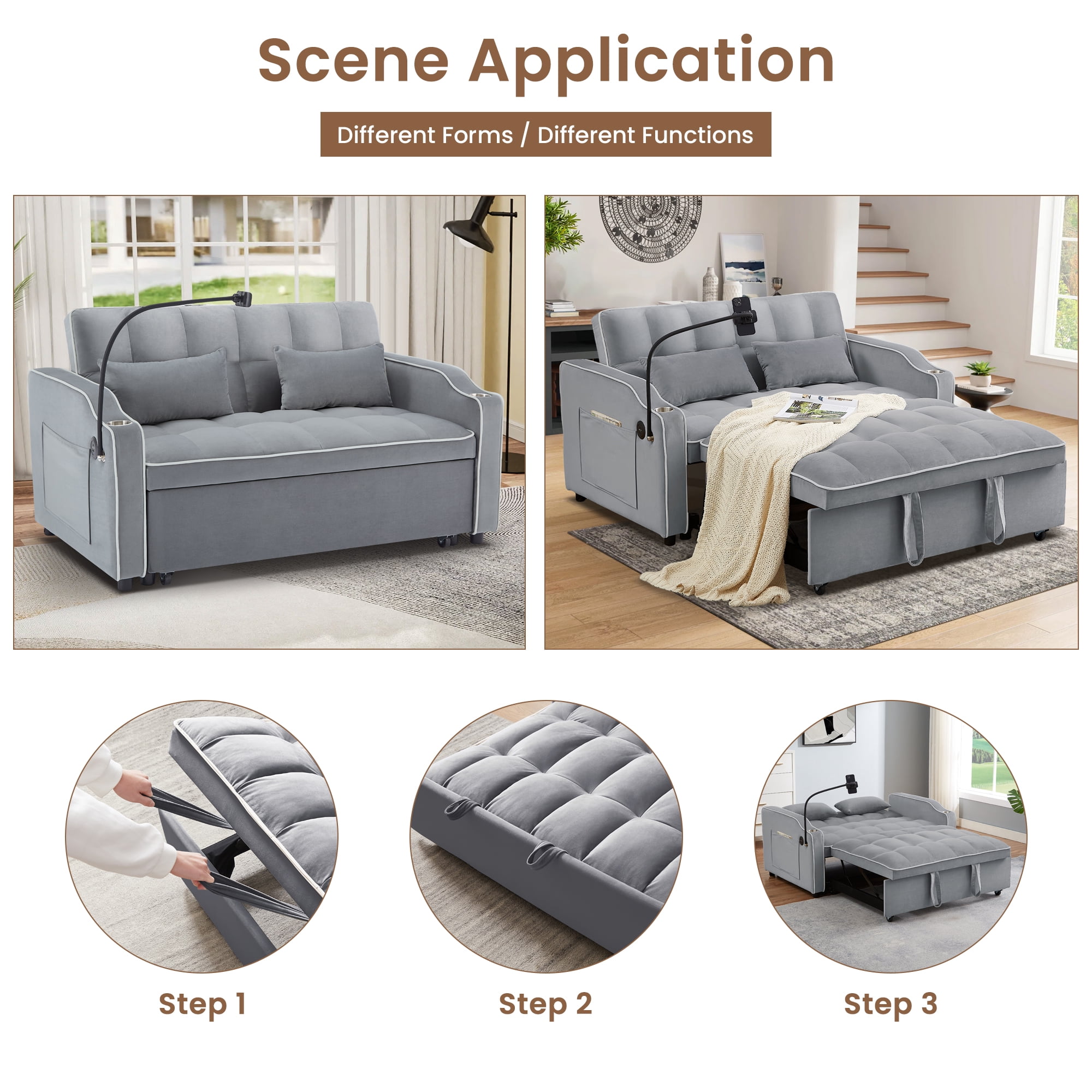 Aukfa Pull Out Sofa Bed, Convertible Loveseat Sleeper Sofa Couch with USB Port, Cup Holders and Swivel Phone Holder, Gray