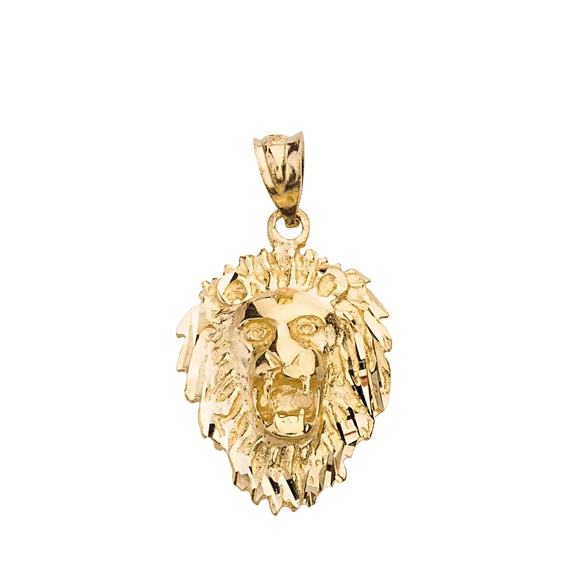 Solid Gold Diamond Cut Roaring Lion Head (10K Yellow Gold, Pendant)