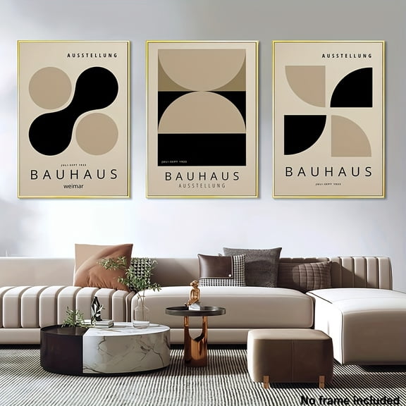 [2D Flat] 3pcs, 2D Frameless Canvas Painting, Living Room Decor Set of 3, Baohaos Black and Beige Bauhaus Prints - Frameless Wall Art - Mid-Century Modern - Minimalist Mural Art for Living Room or O