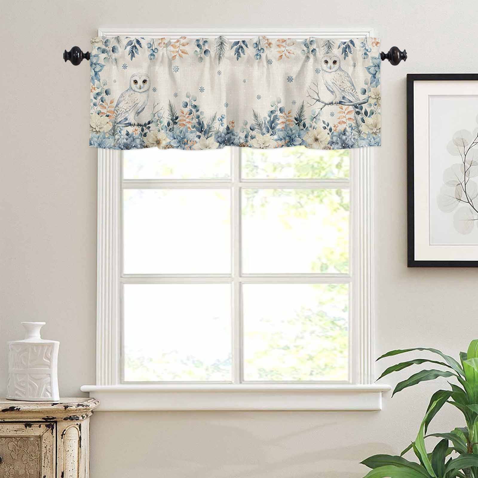 Christmas Owl Kitchen Curtains and Valances Set, Blue Eucalyptus Leaves Floral Winter Linen Rod Pocket Window Valance Window Curtain Panels for Living Room Bedroom Laundry, 27.5x36in, 3 Pieces