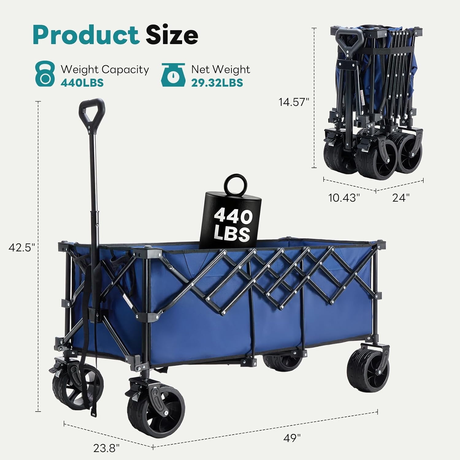 Betcozy Extended Foldable Wagon with 48" Cargo Platform, 440lbs Heavy Duty Collapsible Utility Cart, All Terrain Beach Wagon with Brakes for Camping & Pets, Blue