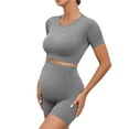 thumbnail image 2 of Tqyyweavej Maternity 2 Piece Outfit Quick Dry Short Sleeve Crewneck Yoga Tops and Over The Belly Solid Color Ribbed Workout Shorts, 2 of 7