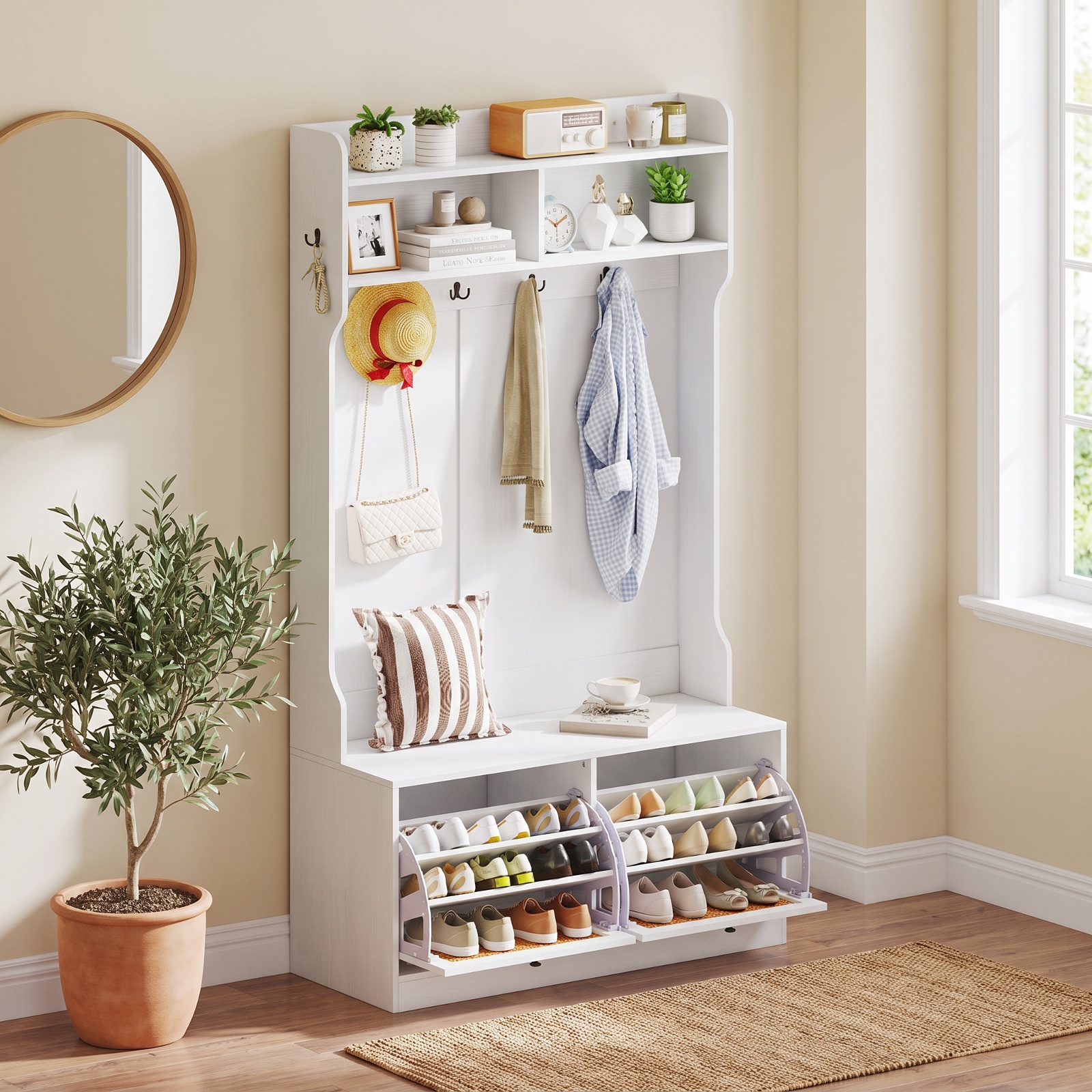 Furnibear 4 in 1 Entryway Hall Tree with Coat Rack and Flip Drawers and Storage Bench for Mudroom and Foyer and Hallway, White