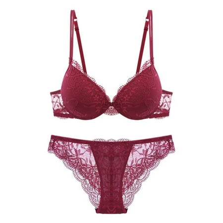 

Women Lace Lingerie Bra and Panty Set 2 Piece Flower Embroidered Push up Bra Set