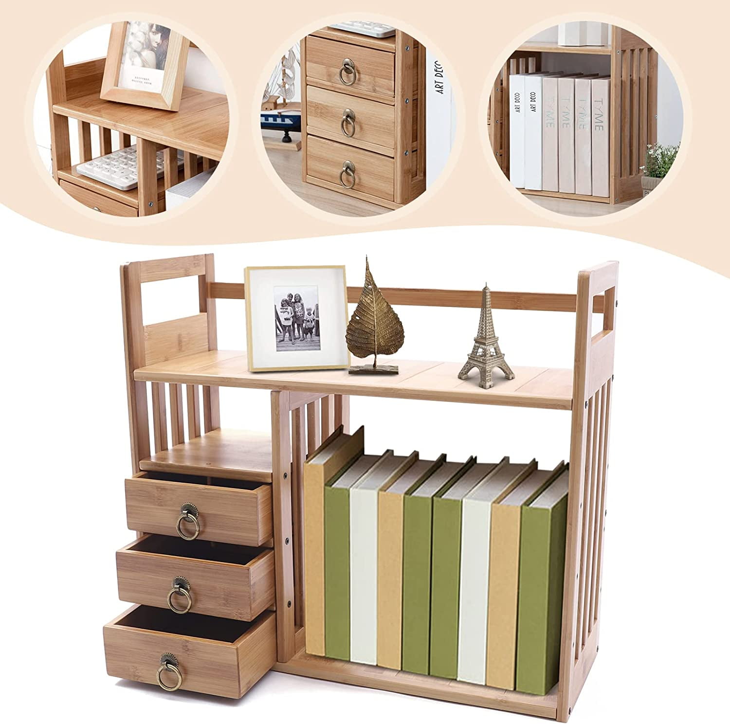 Miumaeov Bamboo Desktop Bookshelf Desk Organizer Shelf Storage Rack Counter Top Bookcase, Office Desk Storage display Shelf Rack with 3 Drawers for Office Supplies, Kitchen,Bathroom, Makeup