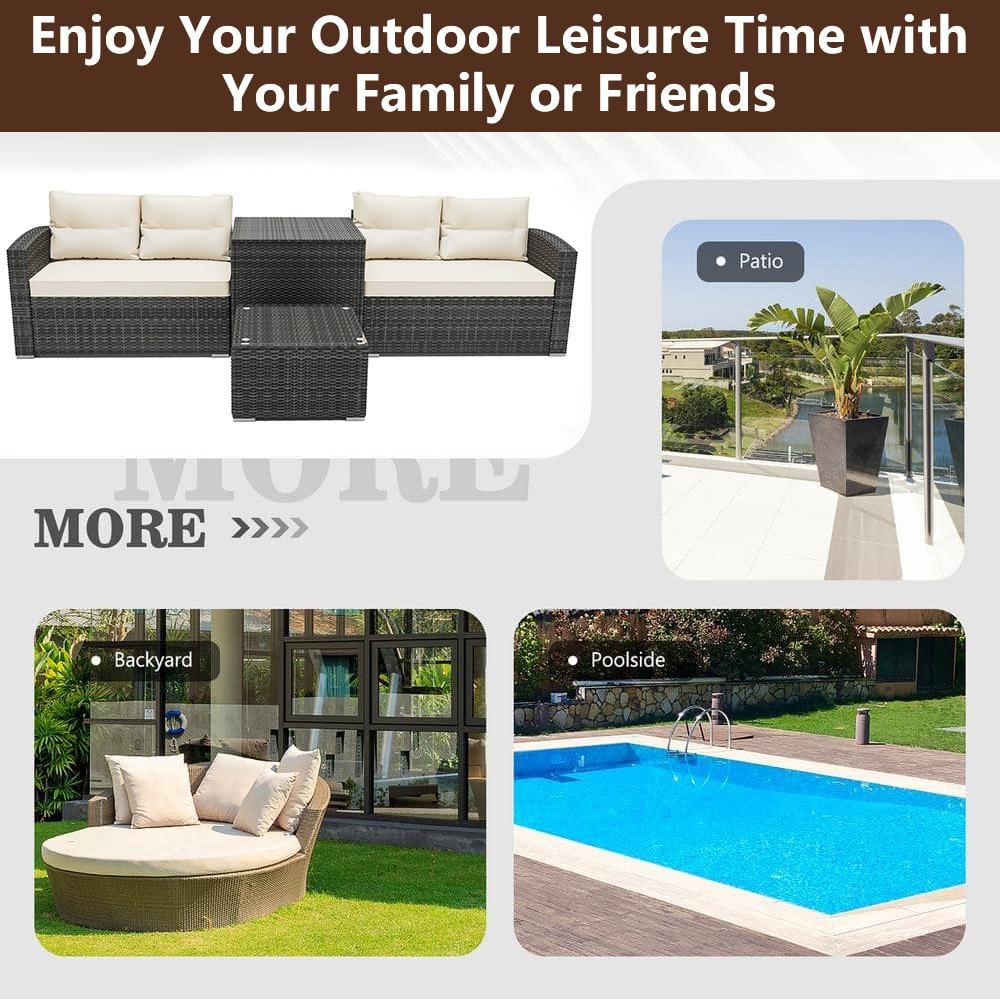 Rattan Patio Sofa Set, 4 Pieces Outdoor Sectional Furniture, All-Weather PE Rattan Wicker Patio Conversation, Cushioned Sofa Set with Glass Table & Storage Box for Patio Garden Poolside Deck