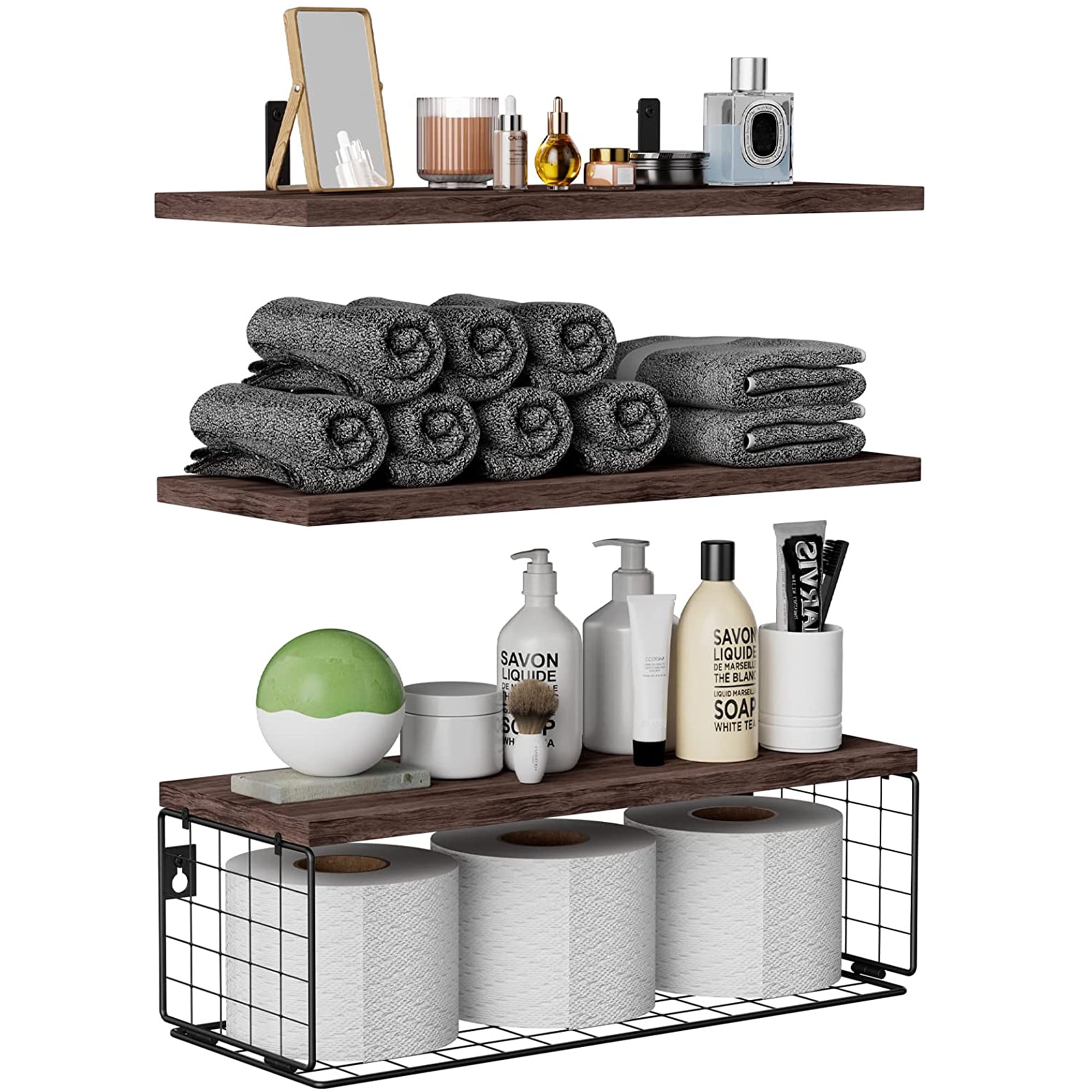 Untyo Floating Shelves Set of 3, Wall Mounted Shelf with Wire Storage