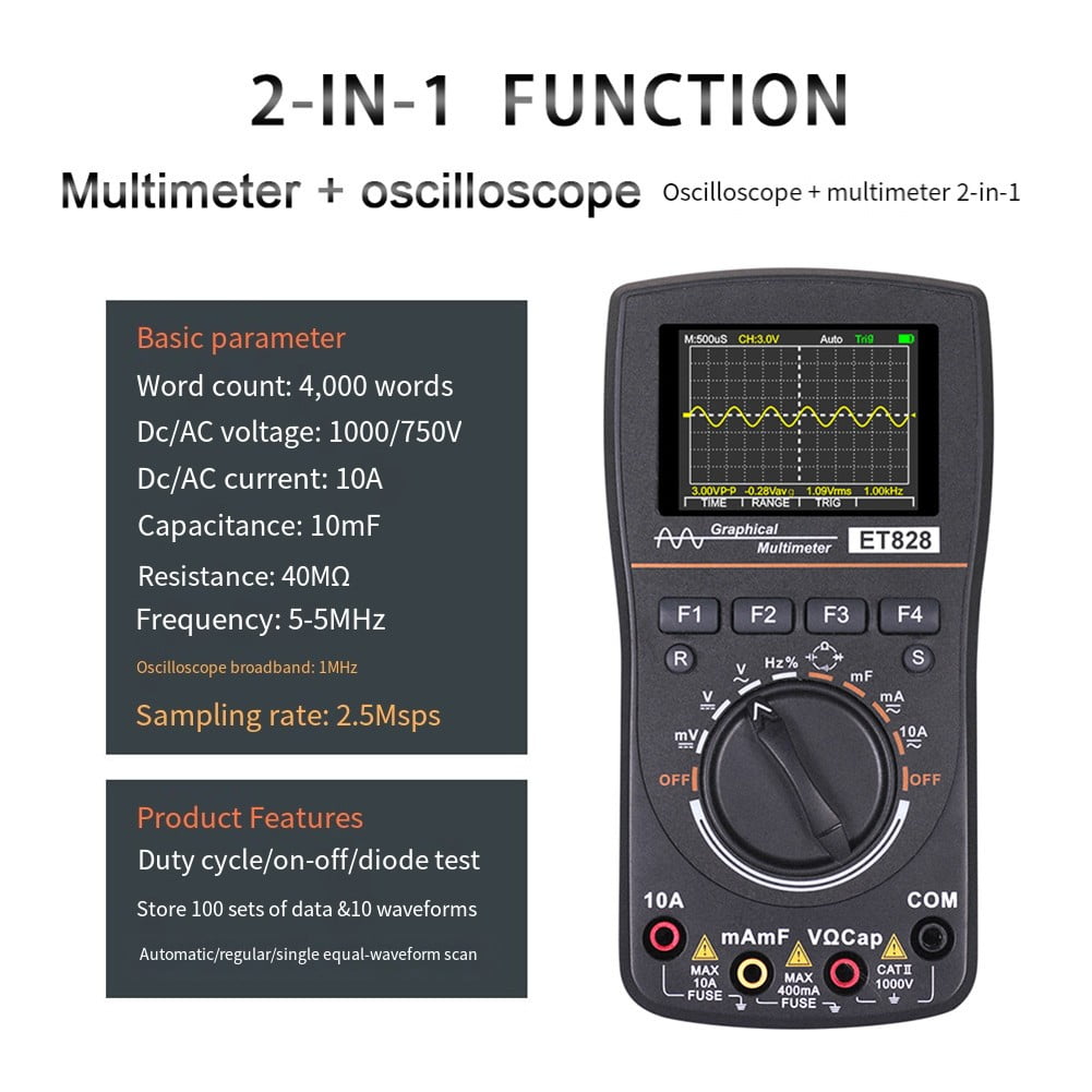 2 in 1 ET828 Smart Digital Multimeter 1MHz 2.5Msps Sampling Rate Oscilloscope