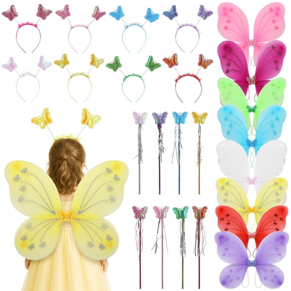 16 Set Fairy Wings Costume Set, Butterfly Fairy Wings, Fairy Wand and Headband Set for Dress Up, Princess Birthday Party Halloween Dress Up Role Play Costume