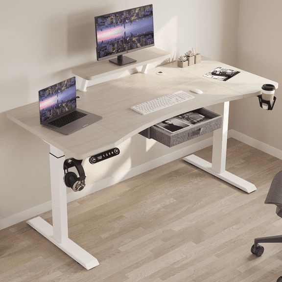 Dual Motor Height Adjustable Electric Standing Desk with One Drawer, Table with Storage Shelf, Sit & Stand Home Office Desk with Storage Space (Pear wood, 63x30)