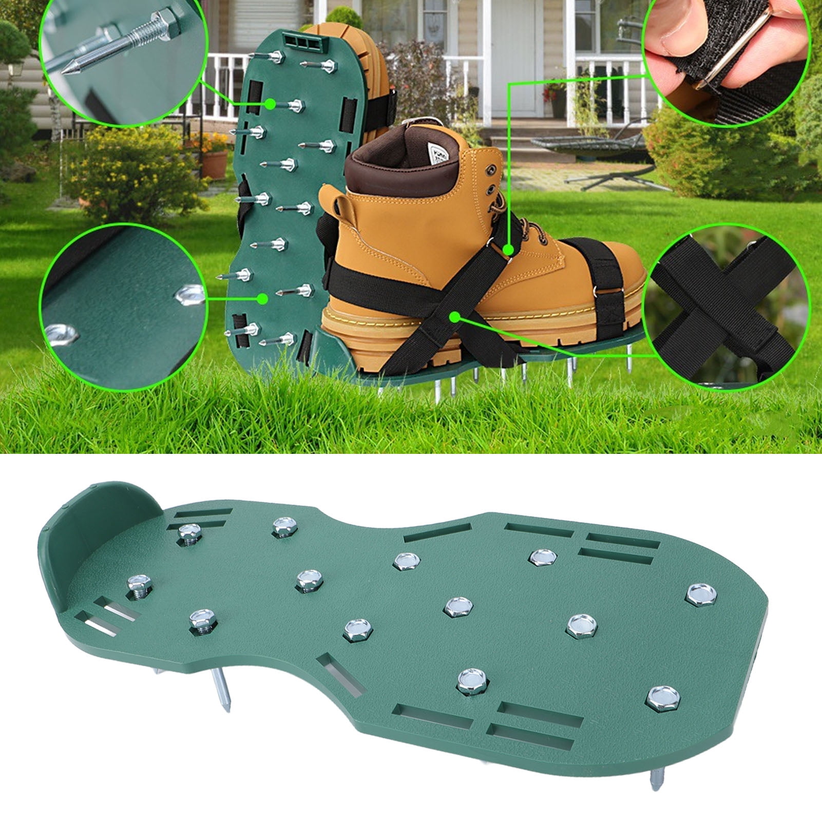 YAHHU Lawn Aerator Shoes Anti Slip Grass Aeration Spiked Sandals with Adjustable Straps for Yard Garden Patio 11.81x5.12 inches / 30x13 cm Green and Black