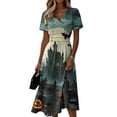 thumbnail image 2 of Womens Halloween Dresses Witch Hat Candy Short Sleeve Funny Midi Dresses Castle Bat V Neck Spooky Cute Dresses, M, 2 of 5