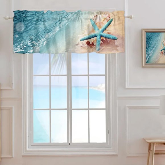 Coastal Ocean Valance Curtain for Window, Summer Starfish Sea Shells on Beach Rod Pocket Kitchen Valances Short Curtain Panel Windows Treatment Drapes for Bathroom/Bedroom/Cafe Seaside Landscape