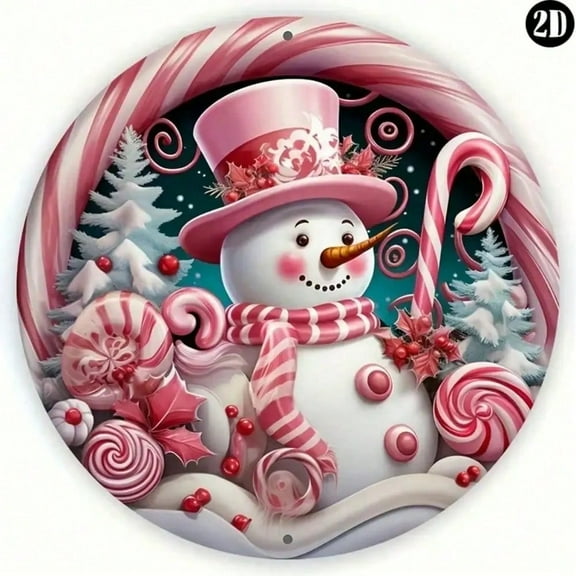 HELLOYOUNG Round  Charming Candy Cane Snowman Wreath Sign - Perfect Christmas Decor, Ideal Wall Art for Garden/Office/Winter Spaces