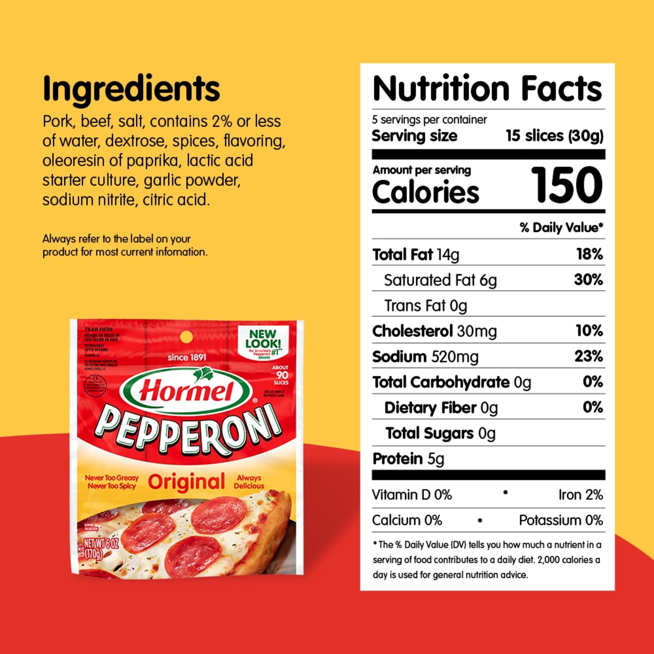 HORMEL Pepperoni Slices, Pizza Topping, Gluten Free, Refrigerated, 6 oz Plastic Resealable Package