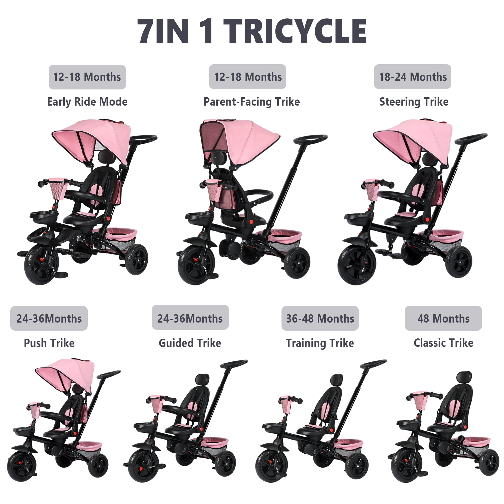 AILEEKISS Foldable Kids Tricycle with Push Handle, 7-in-1 Ride Trike for Infant 1-5 Years, Pink