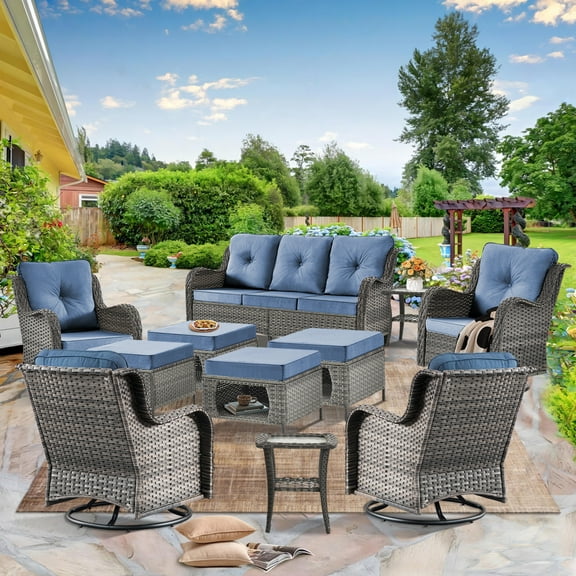 11 Piece Outdoor Patio Furniture Set Grey Wicker Patio Furniture-4 Wicker Swivel Rocker Patio Chairs with 4 Outdoor Ottoman and 1 Wicker Outdoor Couch & 2 Side Table, All Weather Patio Furniture Set