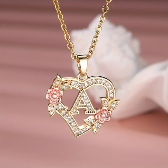 1pc Elegant Zirconia Rose Golden Heart Pendant Necklace with Initial A-Z, Fashion Jewelry for Women, Perfect for Daily Wear & Gifting, All-Season Accessory