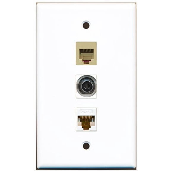 RiteAV - 1 Port Phone RJ11 RJ12 Beige and 1 Port 3.5mm and 1 Port Cat6 Ethernet White Wall Plate