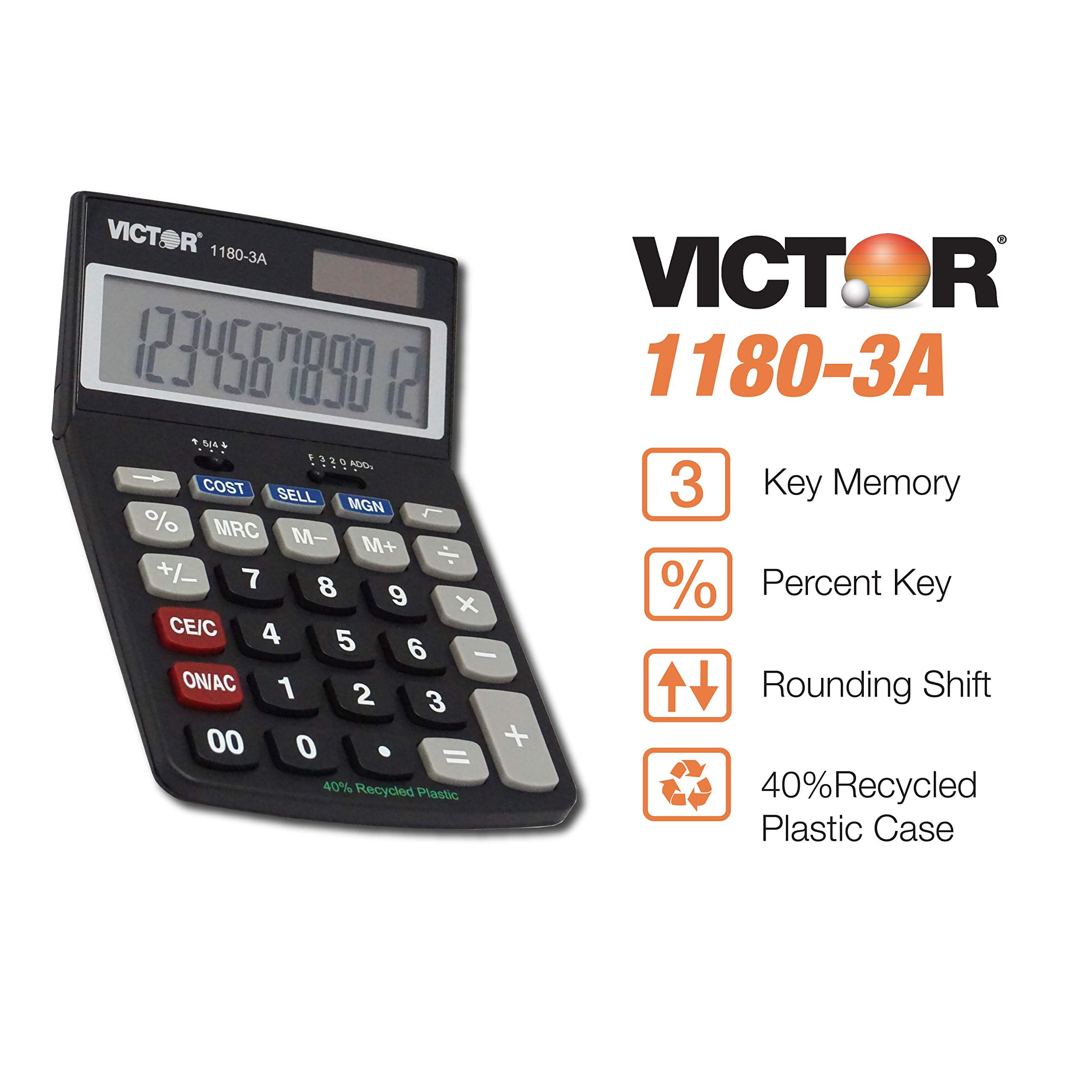 Victor 1180-3A 12-Digit Standard Function Calculator, Battery and Solar Hybrid Powered Adjustable Angle LCD Display, Great For Home and Office Desks, Black CA1