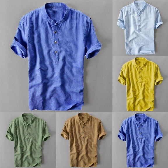 ZZwxWA Short Sleeve Henley Shirts Summer Casual Comfy Solid Banded Collar Button Down Cotton Linen Pirate Beach Shirts up to 45% Off