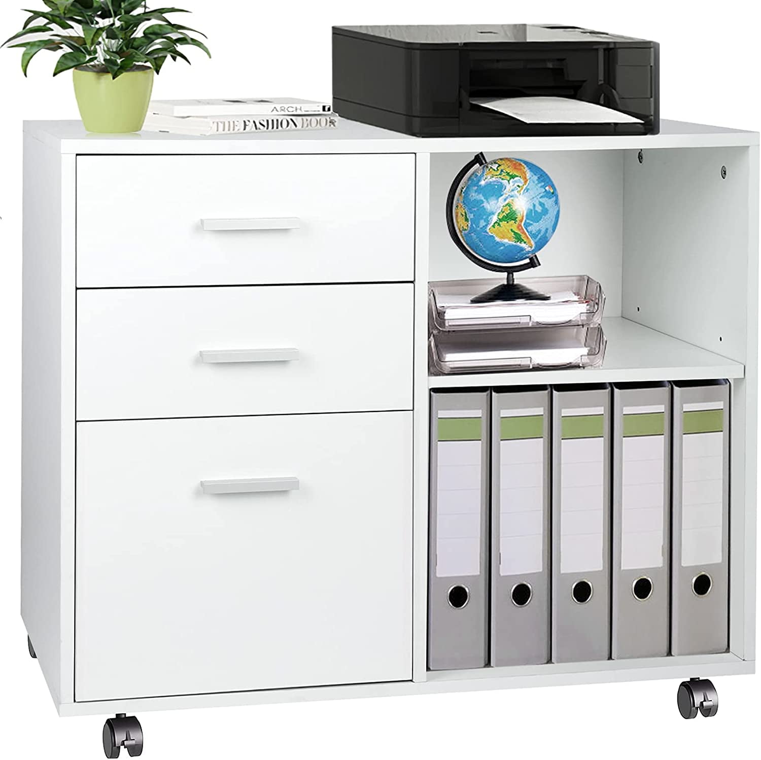 Filing Cabinet with Open Storage Shelves for Home Office Printer Stand with Wheel TUSY 3-Drawer Wood File Cabinet with Lock 