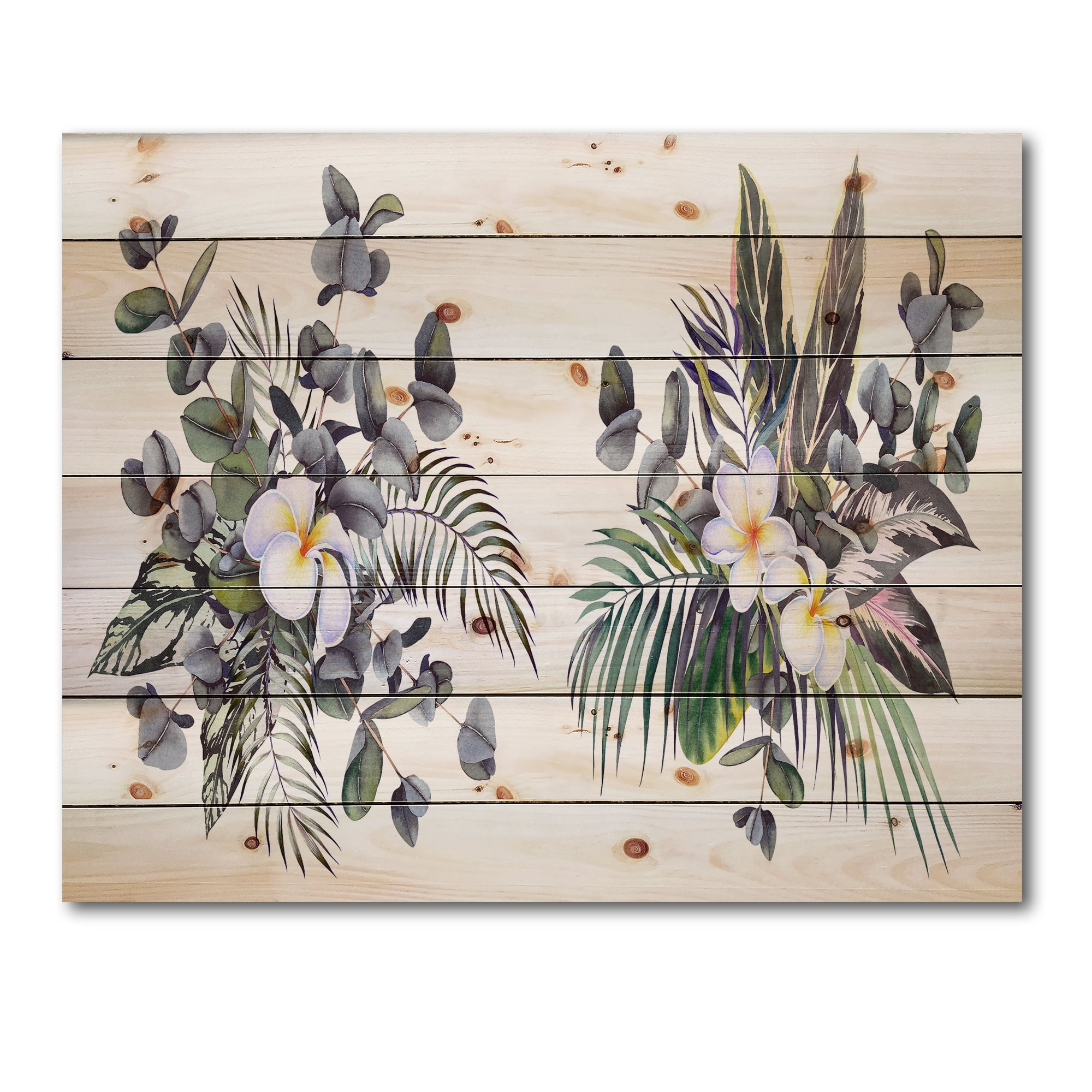 Designart 'Plumeria Frangipani Flowers With Tropical Bouquets' Traditional Print on Natural Pine Wood