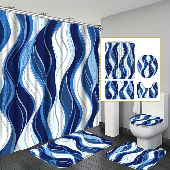 4 Piece Blue and Navy Striped Bathroom Modern Abstract Shower Curtain Set with 12 Hooks, Bath Mat, U-shaped Bath Mat and Toilet Seat Cover