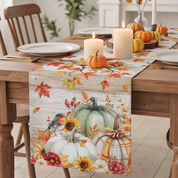 Table Runner 36 Inches Long, Fall Maple Leaf Decorative Table Runner for Party Wedding Home Decor, Thanksgiving Pumpkins Squirrel Retro Wooden Dresser Scarves for Bedroom Kitchen Decor 13x36 Inch
