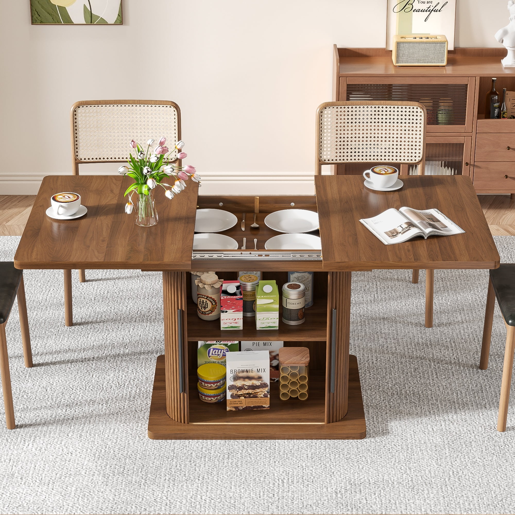 Extendable Dining Table, Rectangle Kitchen Table with Storage Shelf, Modern Dining Room Table, Living Room, Office, Walnut