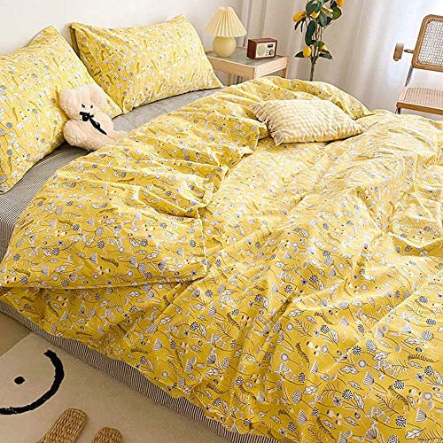 Cottonight Yellow Floral Duvet Cover Queen Flowers Branches Bedding Full Dandelion Pattern Cotton Bedding Set for Girls Teens Women Super Soft Comfy