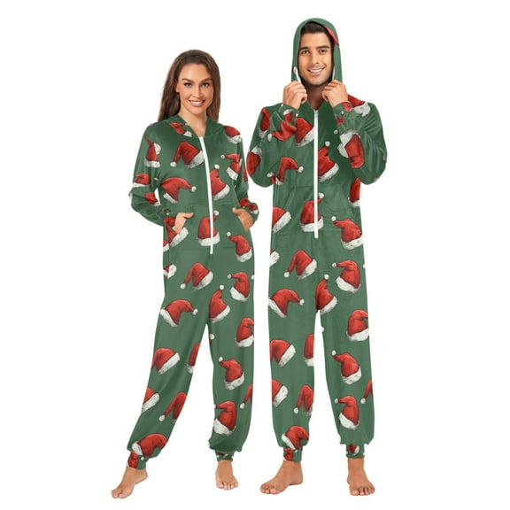 joogoo Christmas Hat Green Unisex Adults Onesies Pajamas Jumpsuits L