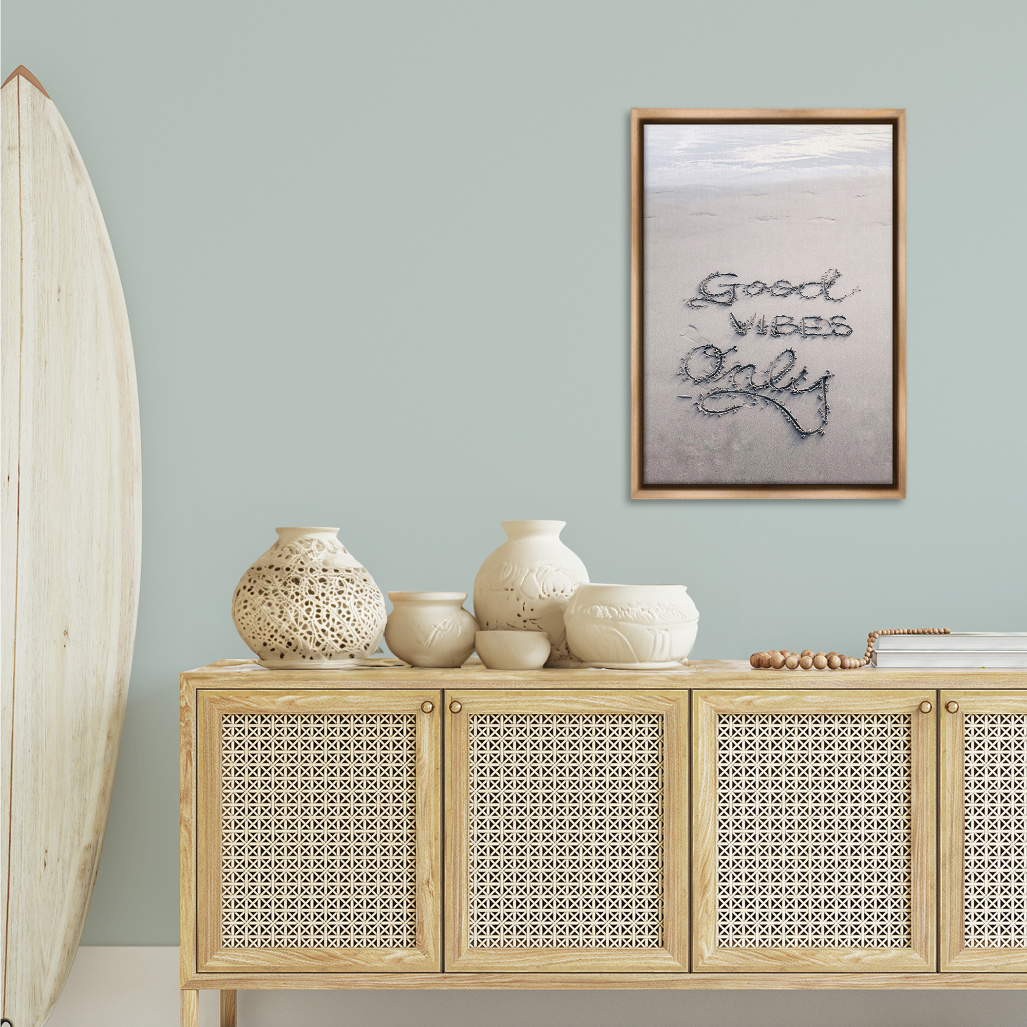 Stupell Industries Good Vibes Only in Sand Nautical & Beach Photography Brown Floater Framed Canvas Art Print Wall Art, 21 x 31