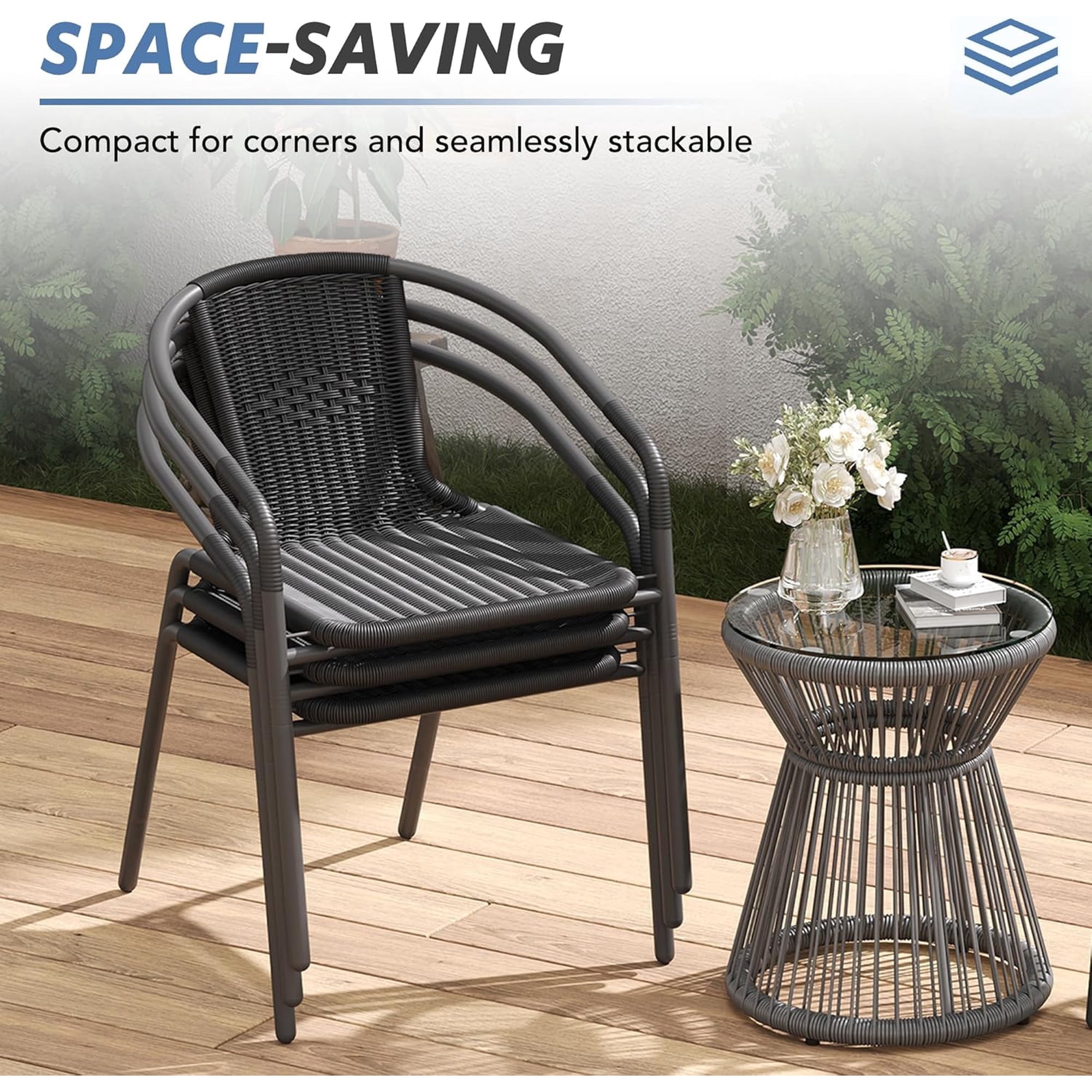 UDPATIO Outdoor Dining Chairs Set of 4, Patio Chairs, Rattan Outdoor Dining Chairs Set, Rattan Indoor-Outdoor Chairs for Bistro, Deck, Backyard, Porch, Steel Frame & Rattan Seat (Black)