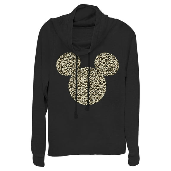 Junior's Mickey & Friends Cheetah Print Mickey Mouse Logo Cowl Neck Sweatshirt Black X Small