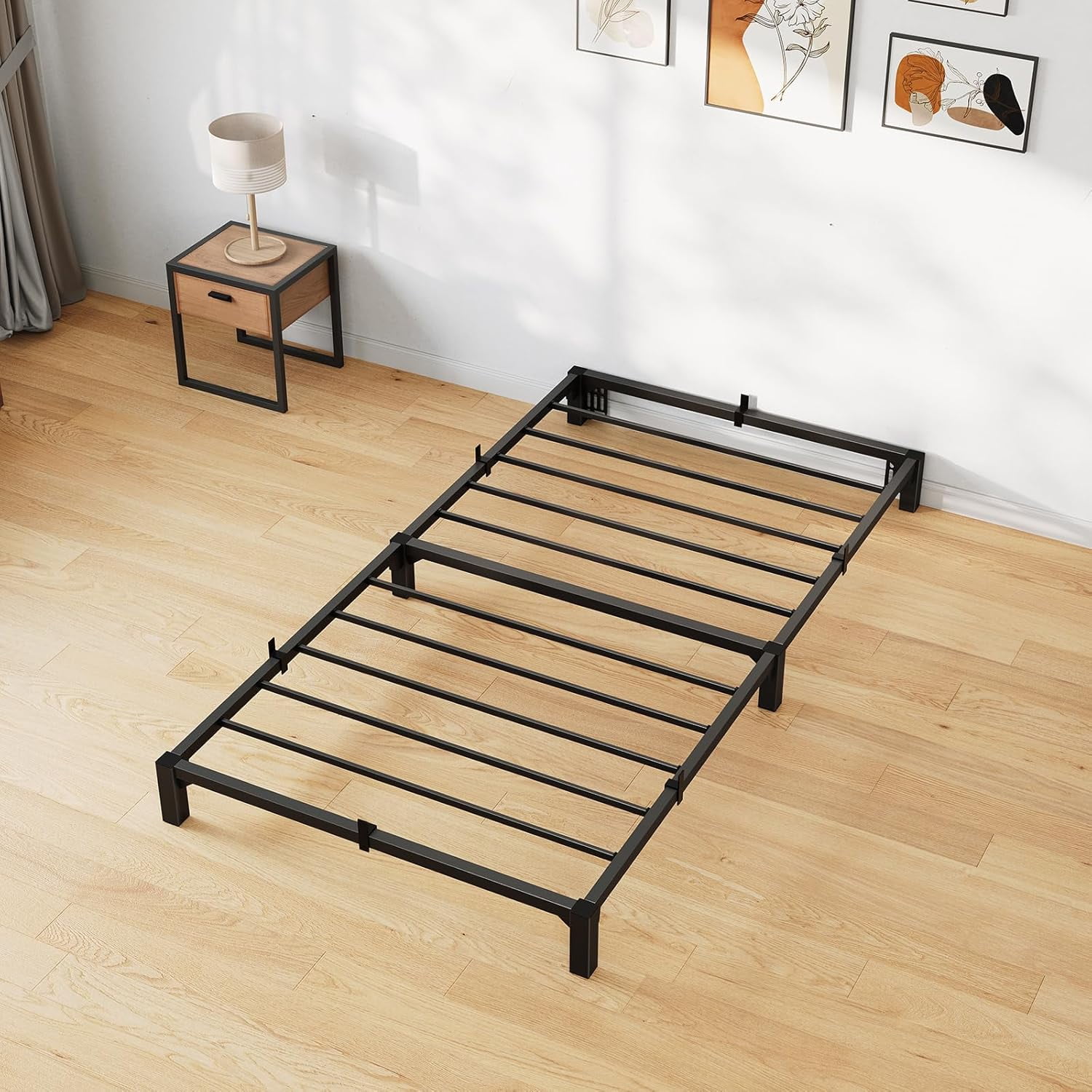 Memoryfield Metal Twin Size Bed Frame, 6" High Platform Bed Frame, Heavy Duty 800Lbs Capacity, No Box Spring, No Screws Needed with Reinforced Slats, Easy Assembly, Black