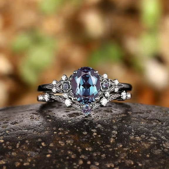 Oval Shape Alexandrite Black Leaf Engagement Ring Set, Black Gold Alexandrite Floral Bridal Set, Rhodium Black Wedding Ring Promise Ring