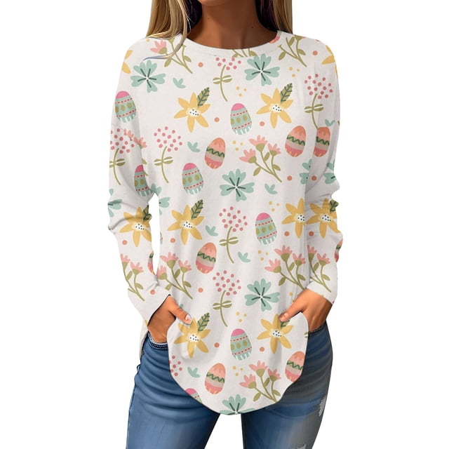 Pxiakgy Hauts de Pâques pour Femmes en Solde, Chemise à Manches Longues Imprimée Œuf de Pâques et Lapin Col Rond Décontracté Chandail en Molleton Printemps Pâques Lapin Œuf de Pâques Col Rond Ample Décontracté