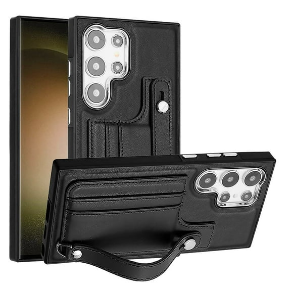 Allytech Slim Case for Samsung Galaxy S24 Ultra with Portable Wristband & Card Slots, Premium PU Leather Kickstand Shockproof Drop Protection Anti-Scratch Case for Women Men - Black